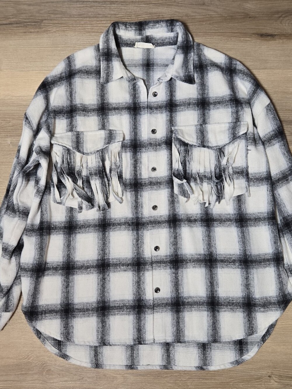 Altar'd State Black & Bone White Plaid Fringe Button-Down Flannel Shirt Jacket
